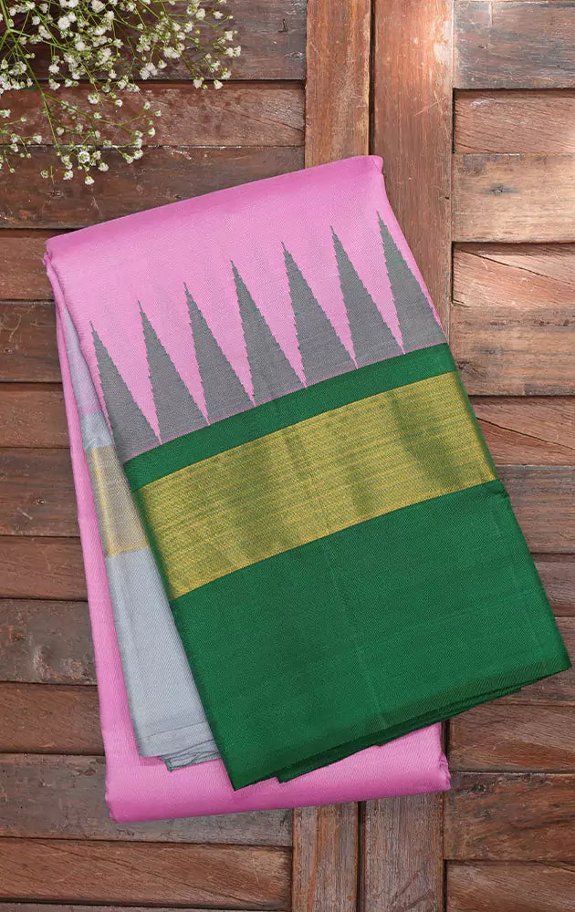 Pink Kanchi silk saree with grey and green borders