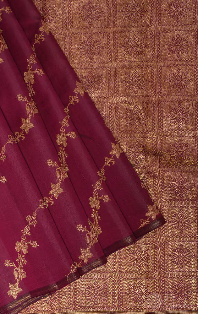 Maroon with zari floral veins kanjivaram saree with brocade pallu