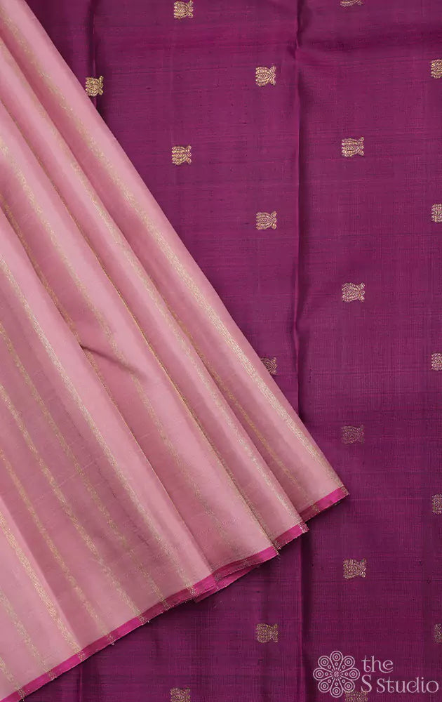 Onion pink kanchi pattu saree with golden zari lines