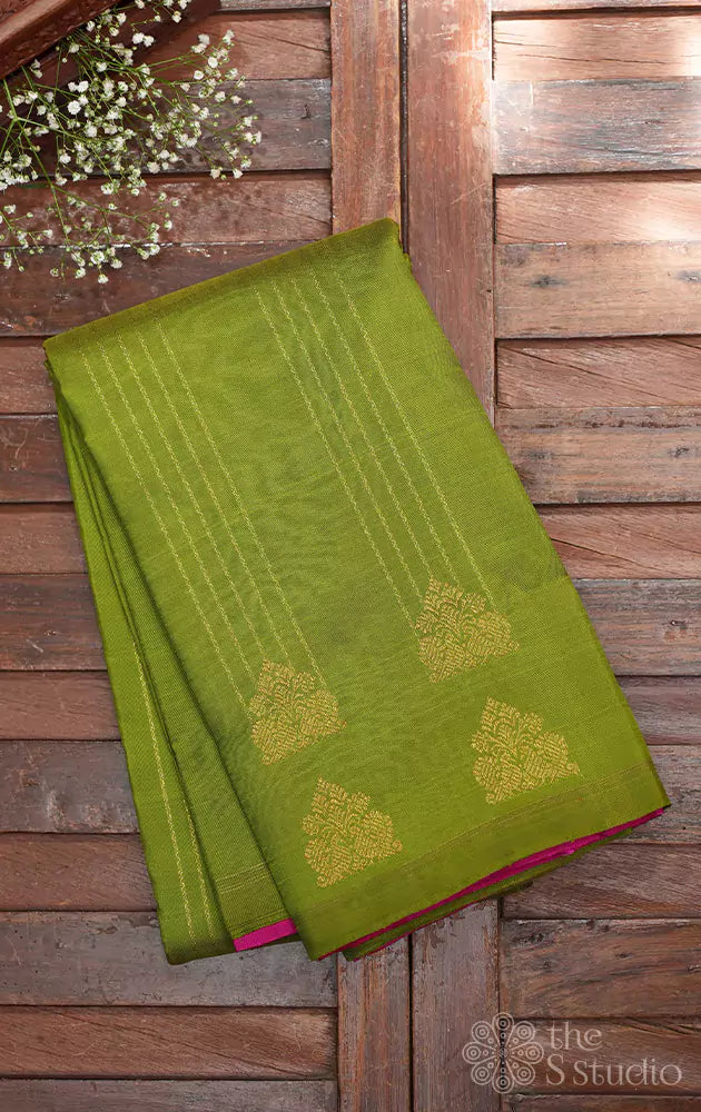 Methi green kanchi silk saree with vertical zari lines