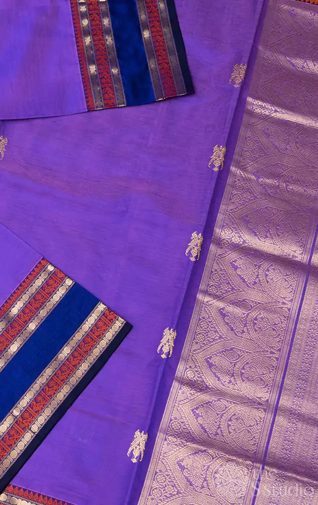 Lavender silk cotton saree with dark violet rettai pet border