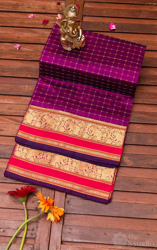 Purple silk cotton nine yards saree with plus butta and rich pallu