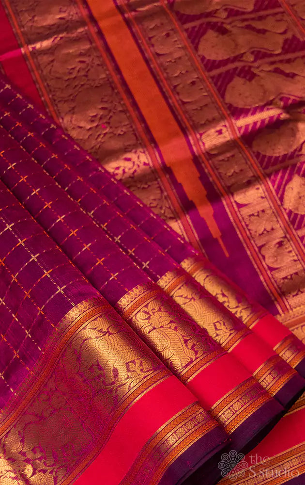 Purple silk cotton ten yards saree with plus butta and rich pallu