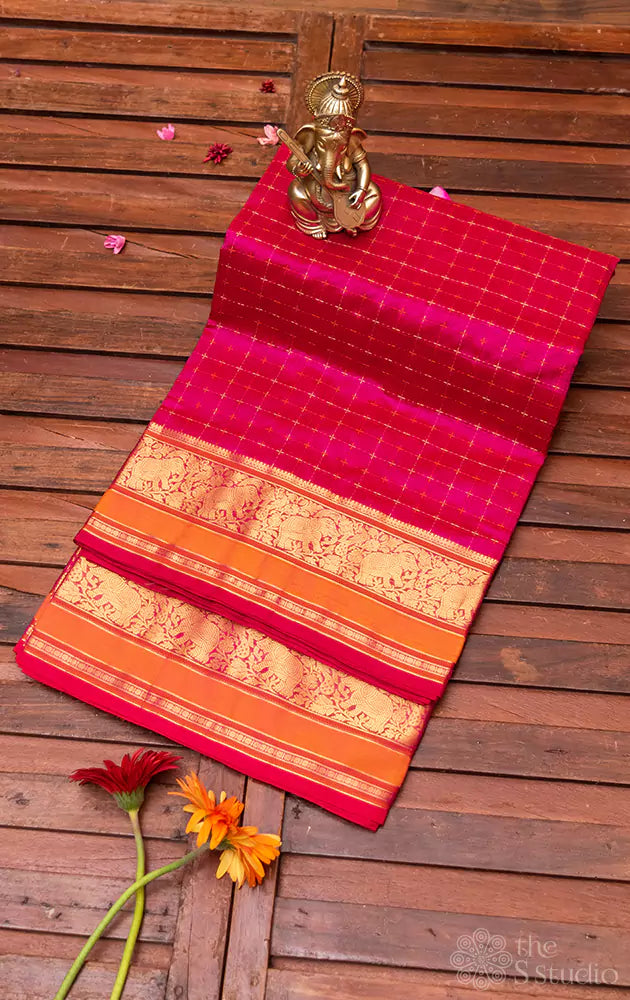Rani pink silk cotton nine yards saree with plus butta and rich pallu