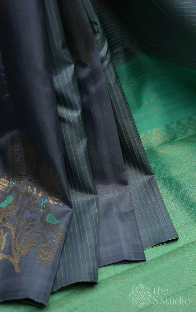 Grey kanchi silk saree with zari woven bird motifs