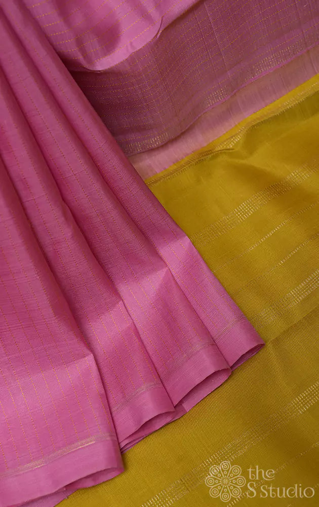 Pink vertical thread lines kanjivaram saree with contrast pallu