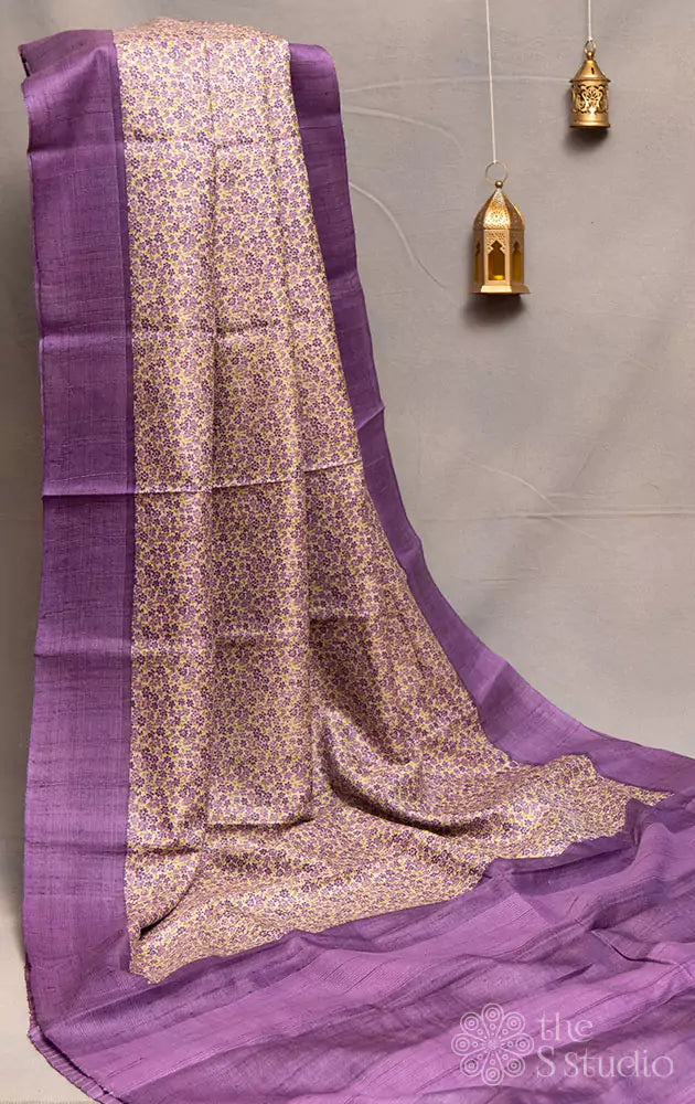 Light violet tussar silk saree with small floral prints