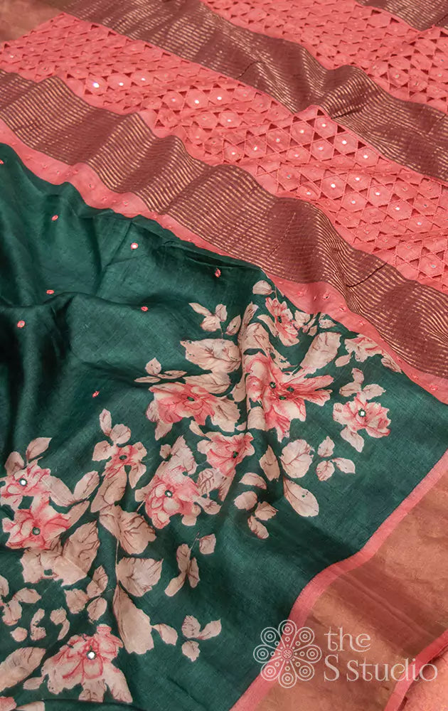 Green tussar silk saree with floral prints and cutwork