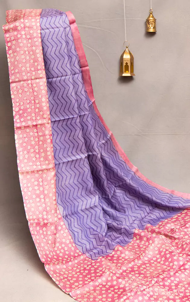 Lavendar tussar silk saree with pink floral printed border