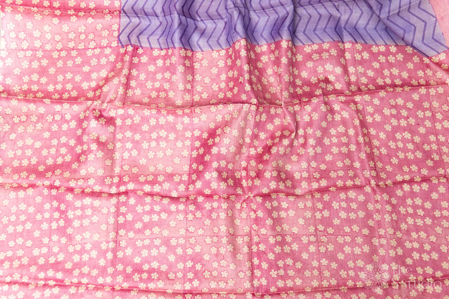 Lavendar tussar silk saree with pink floral printed border