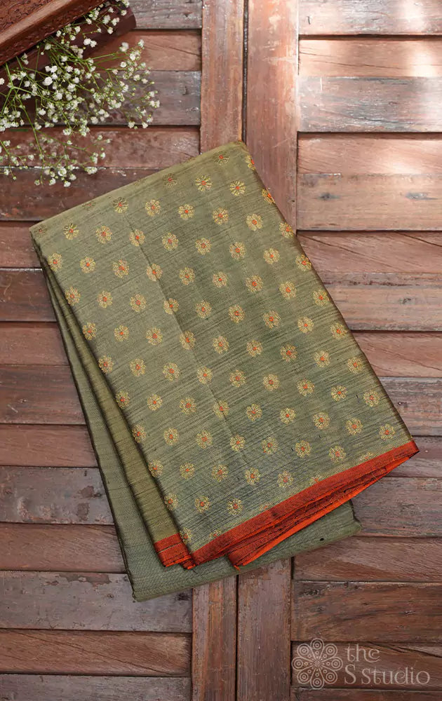 Greenish grey shot colour kanchipuram silk saree with orange pallu