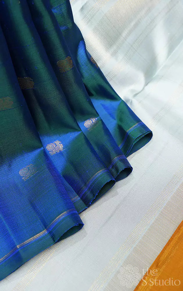 Peacock blue kanjivaram saree with double coloured pallu