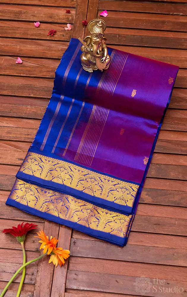 Purple silk cotton nine yards saree with blue pallu