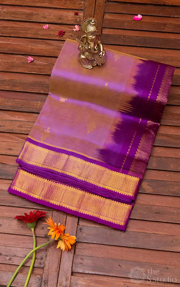 Lavendar silk cotton nine yards saree with purple border