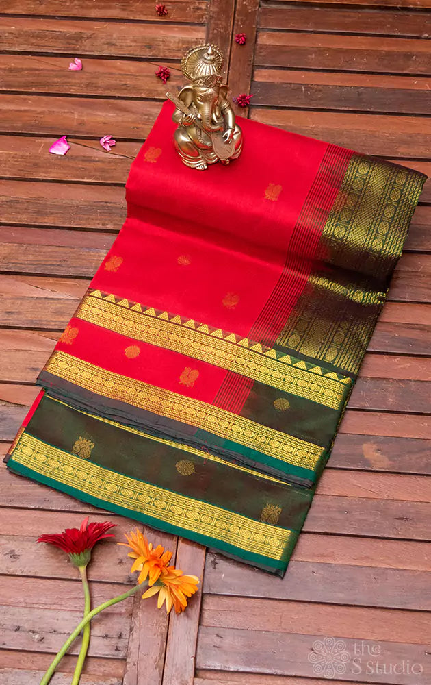 Red silk cotton nine yards saree with grand green pallu