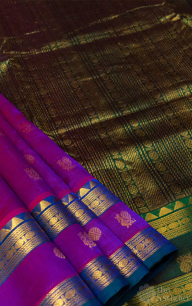 Purple silk cotton ten yards saree with grand green pallu