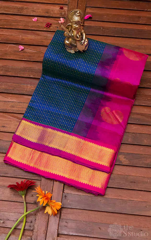 Blue silk cotton nine yards saree with small butta and rani pink pallu