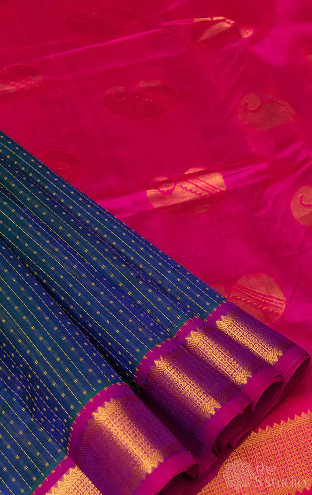 Blue silk cotton ten yards saree with small butta and rani pink pallu