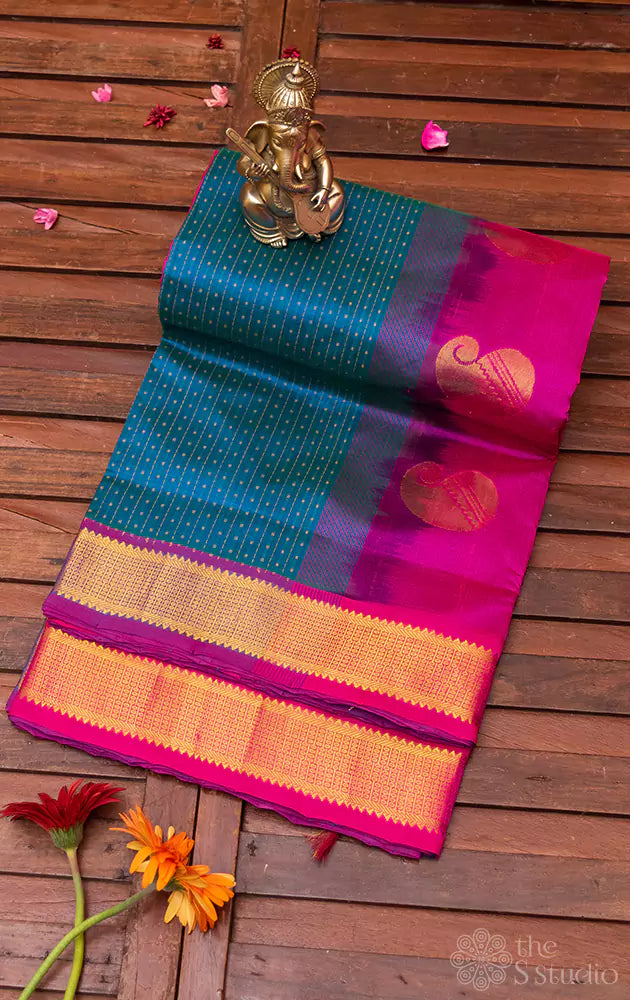 Blue silk cotton nine yards saree with rani pink pallu