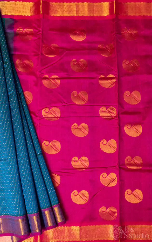 Blue silk cotton ten yards saree with rani pink pallu