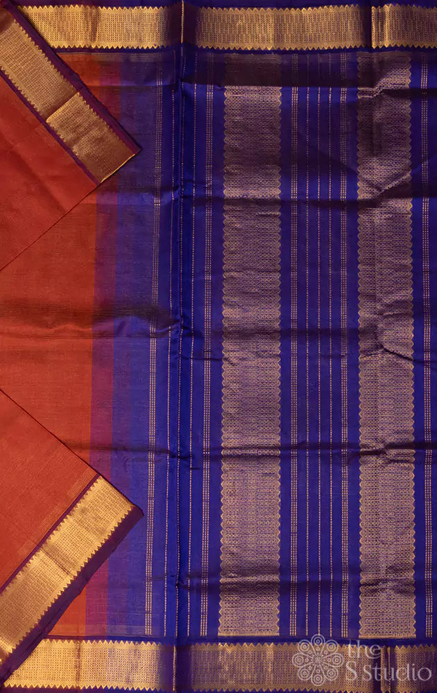 Rust handloom silk cotton saree with small zari border