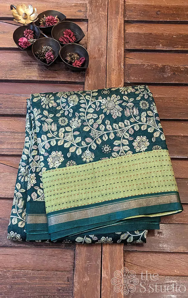 Leaf green chanderi cotton saree with kalamkari type floral prints and kantha embroidery