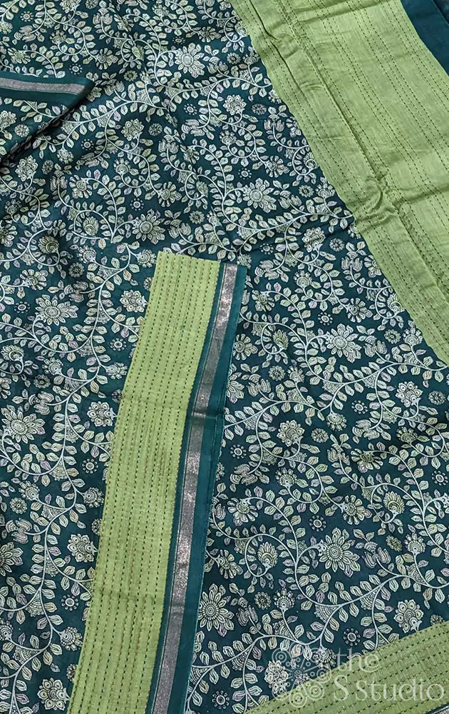 Leaf green chanderi cotton saree with kalamkari type floral prints and kantha embroidery