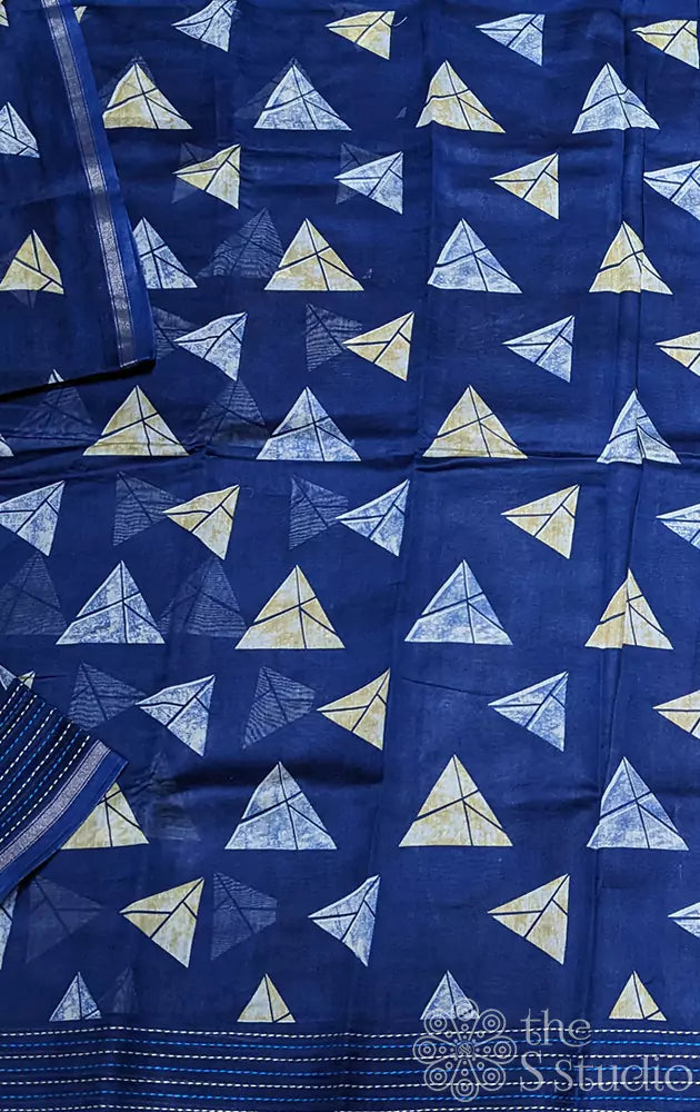 Bright blue chanderi cotton saree with triangular prints and kantha embroidery