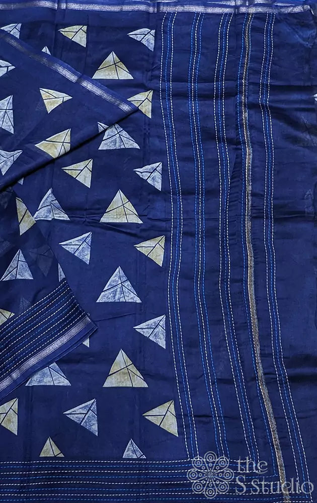 Bright blue chanderi cotton saree with triangular prints and kantha embroidery