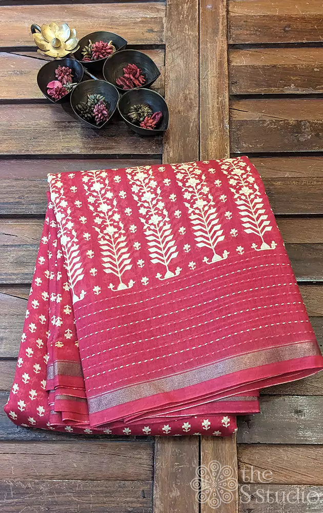 Salmon pink chanderi cotton with prints and kantha embroidery on border