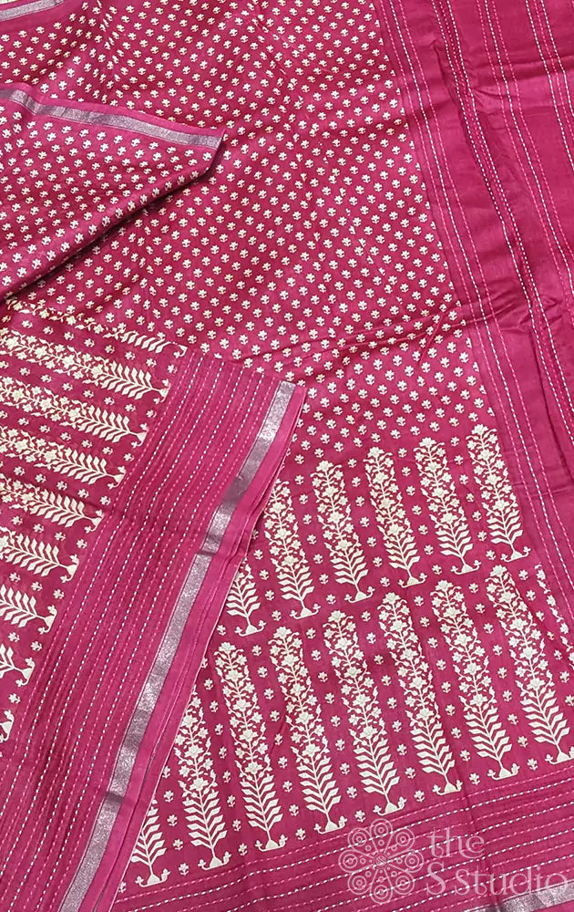 Salmon pink chanderi cotton with prints and kantha embroidery on border