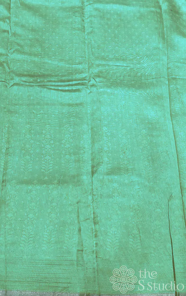 Bluish green chanderi cotton with prints and kantha embroidery on border