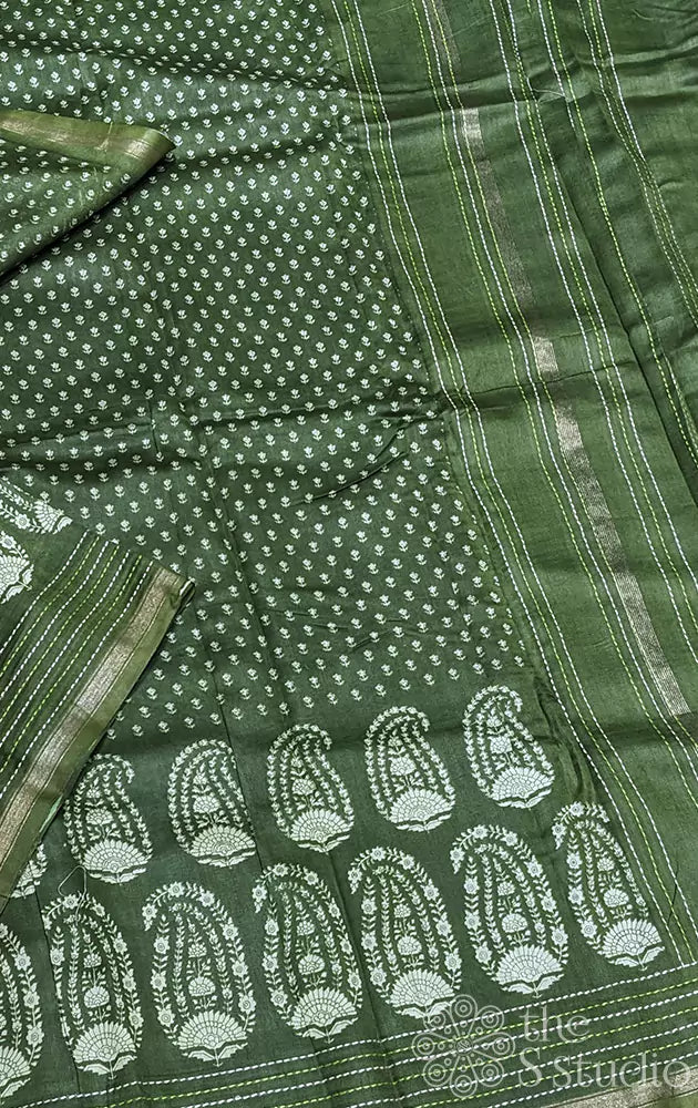 Methi green  chanderi cotton with prints and kantha embroidery on border