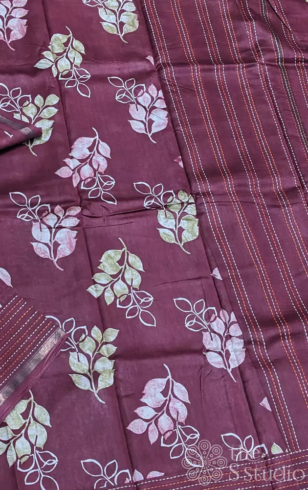 Maroon chanderi cotton saree with floral prints and kantha embroidery