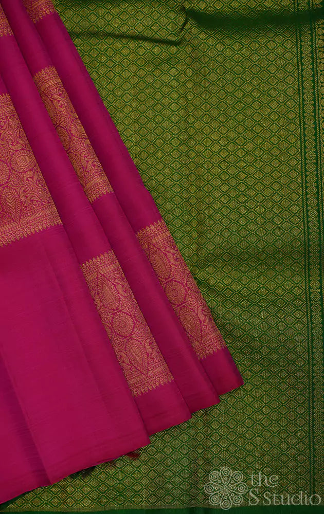 Rani pink kanchi silk saree with square buttas and  green pallu