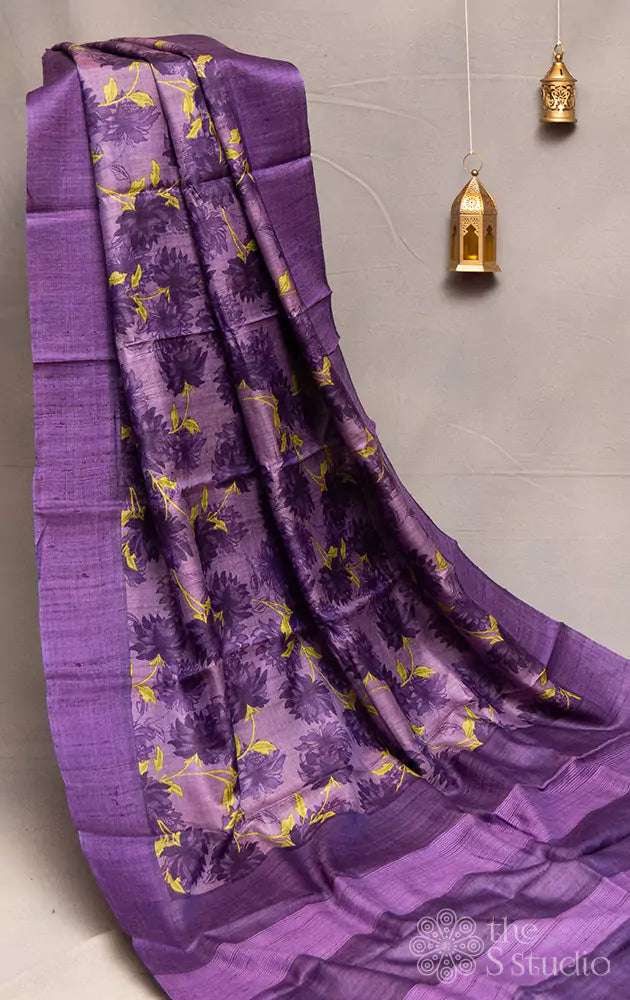 Lavendar tussar silk saree with prints