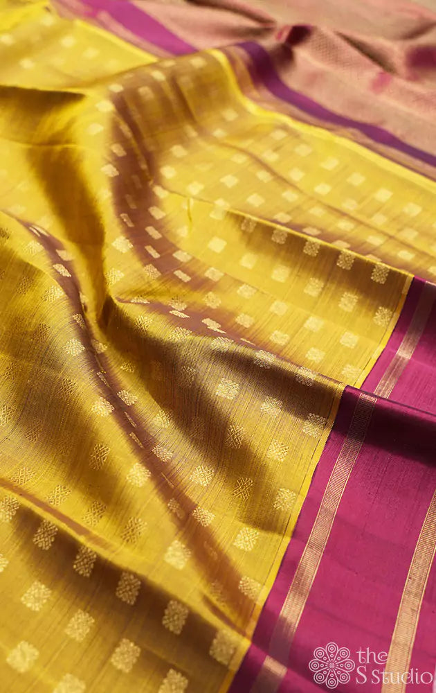 Golden mustard square buttas kanchi silk saree