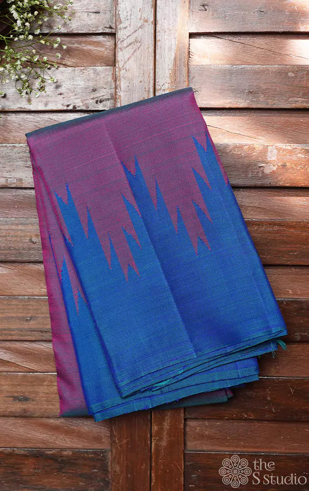 Violetish blue temple border kanchi silk saree