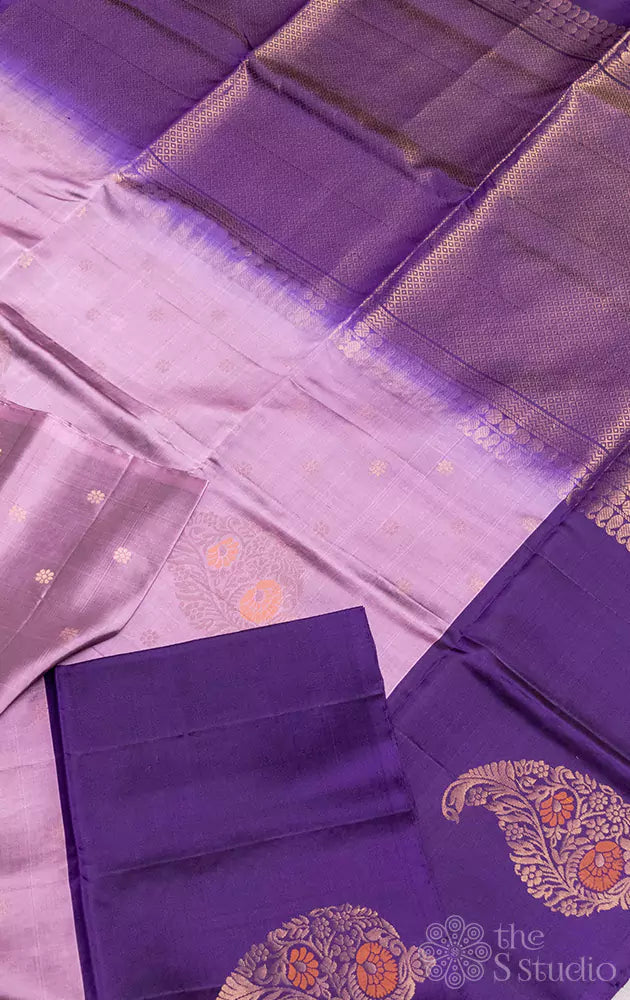 Light violet soft silk saree with paisley buttas border