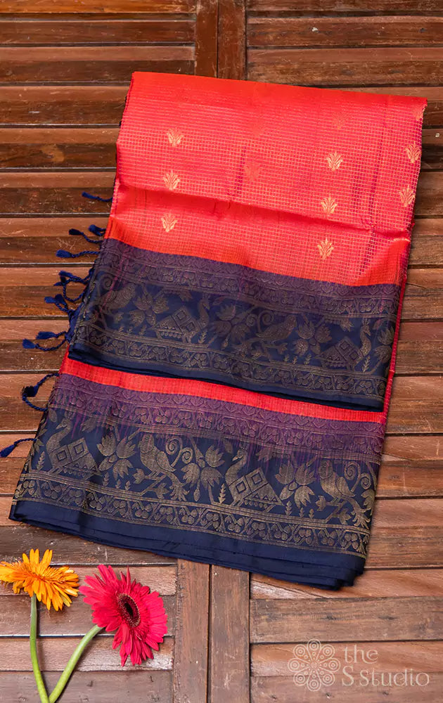 Peachish pink soft silk saree with brocade border