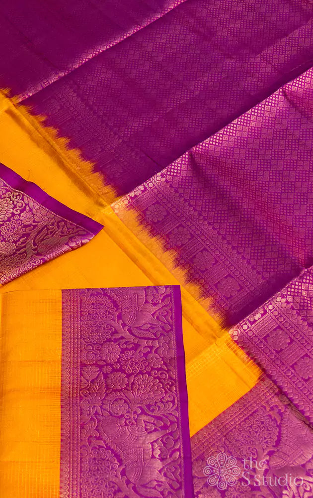 Orangish yellow  soft silk saree with brocade border