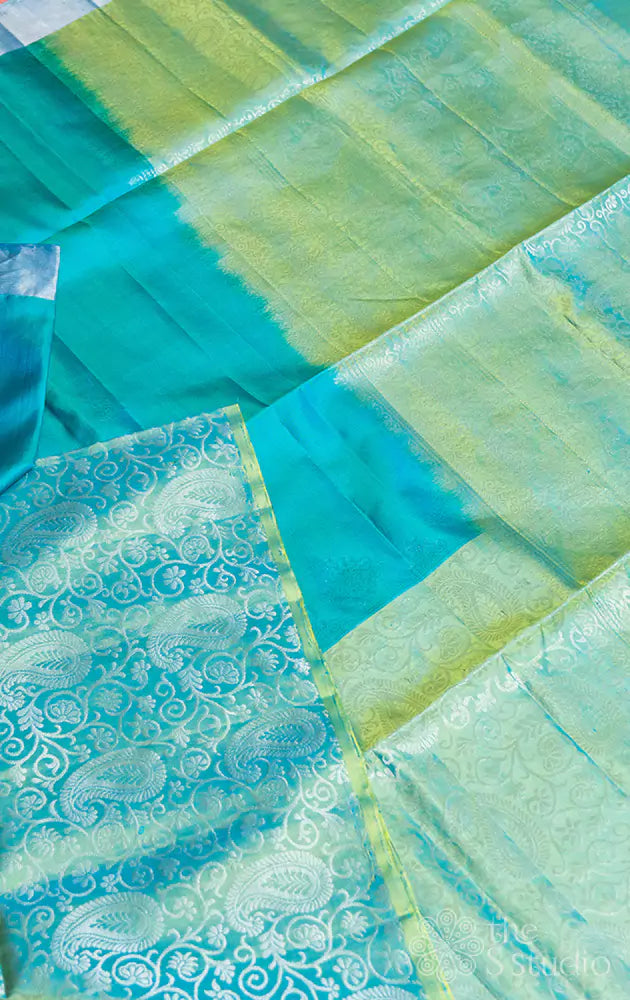 Greenish blue soft silk saree with long border