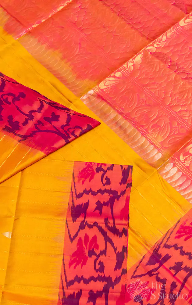 Mustard soft silk butta saree with ikat woven orange border
