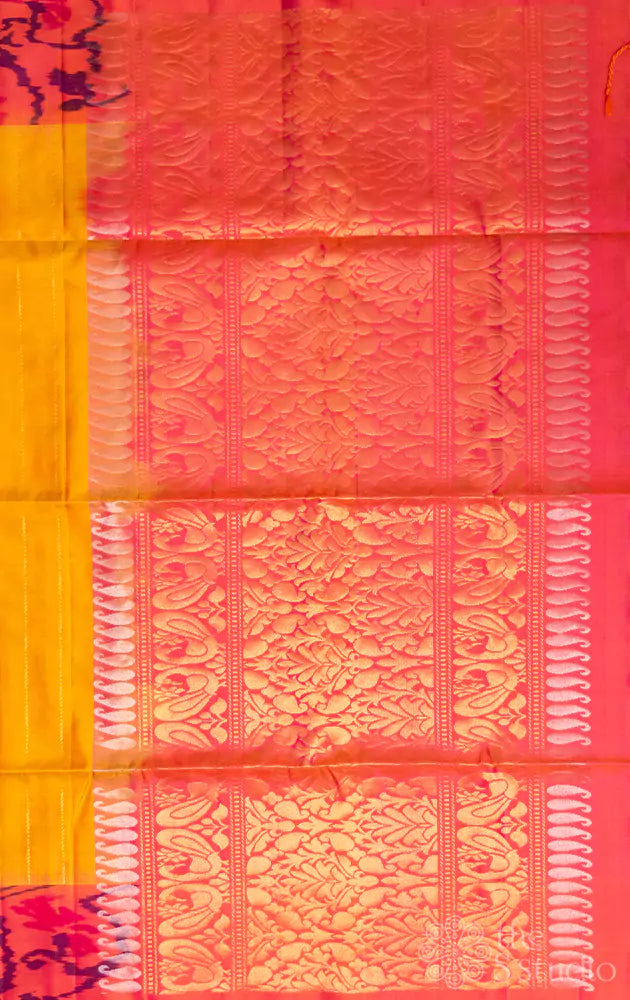 Mustard soft silk butta saree with ikat woven orange border
