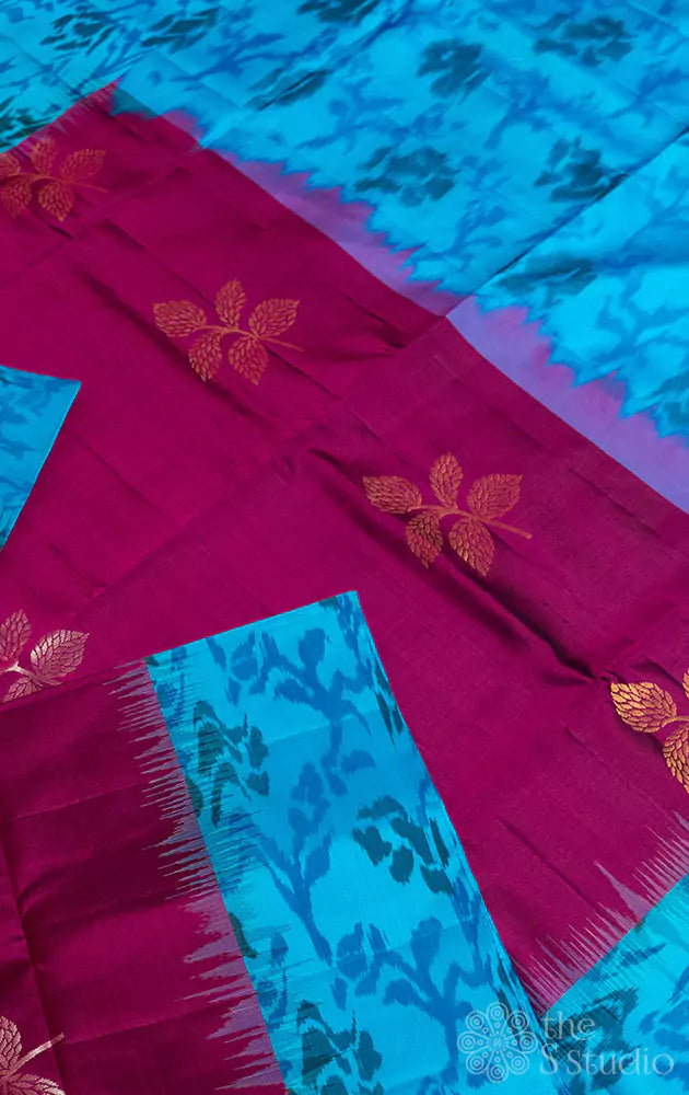 Plum coloured butta soft silk saree with aqua blue woven border