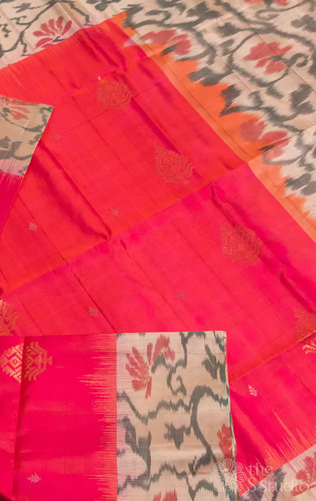 Orangish rose coloured butta soft silk saree with beige woven border
