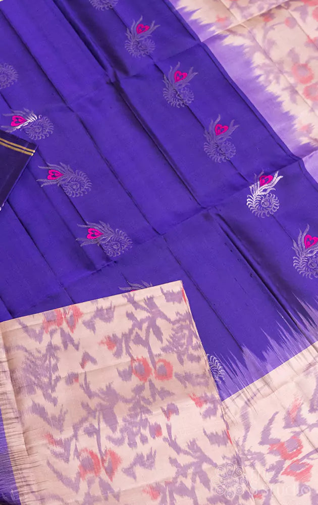 Violet butta woven soft silk saree with long ikat border and pallu