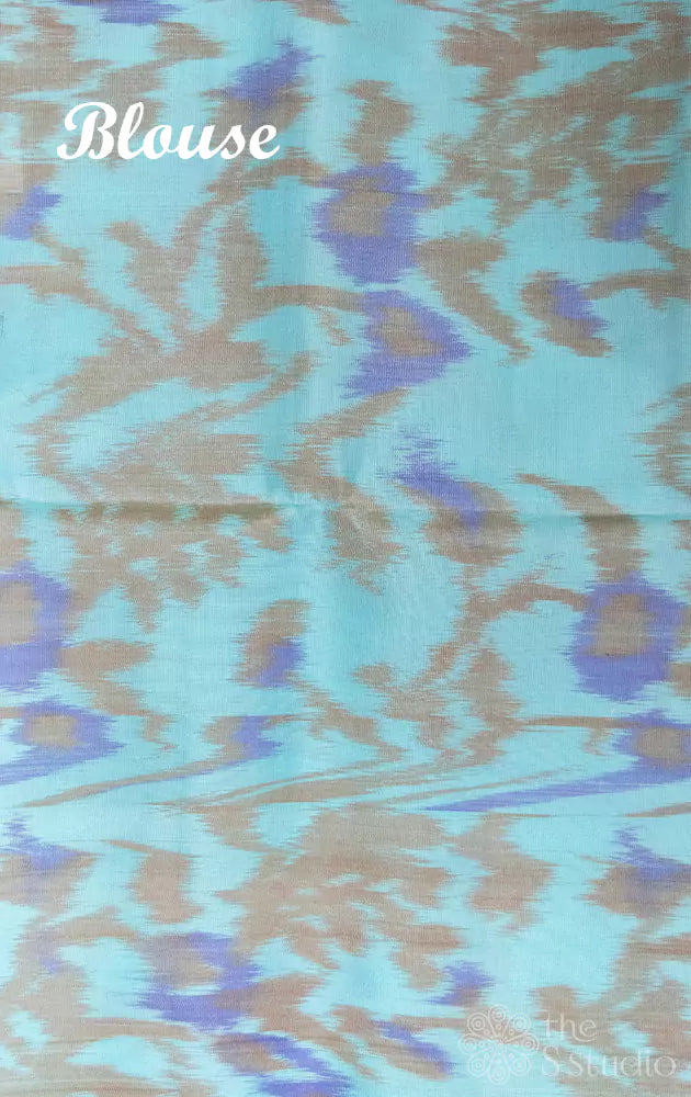 Jamun coloured ikat soft silk saree with light blue ikat woven border