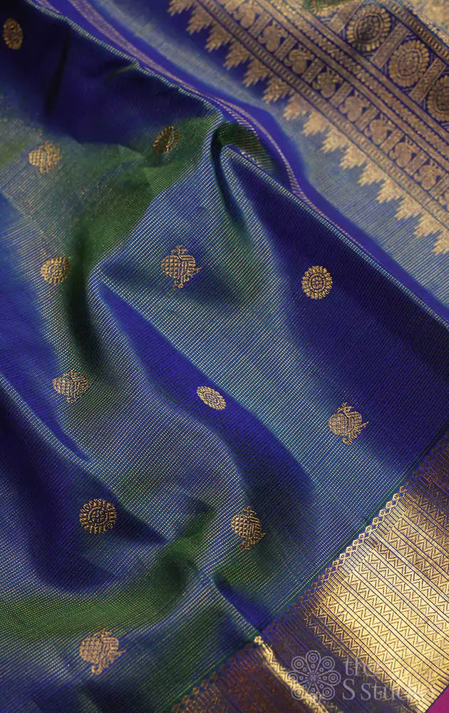 Peacock blue vaira oosi silk saree with mayil chakaram buttas
