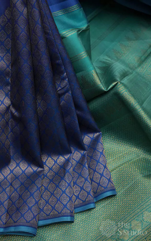 Peacock blue pure kanchivaram silk saree with thread woven motif on all  over with purple zari rich pallu,a… | Elegant saree, Bridal sarees south  indian, Saree dress